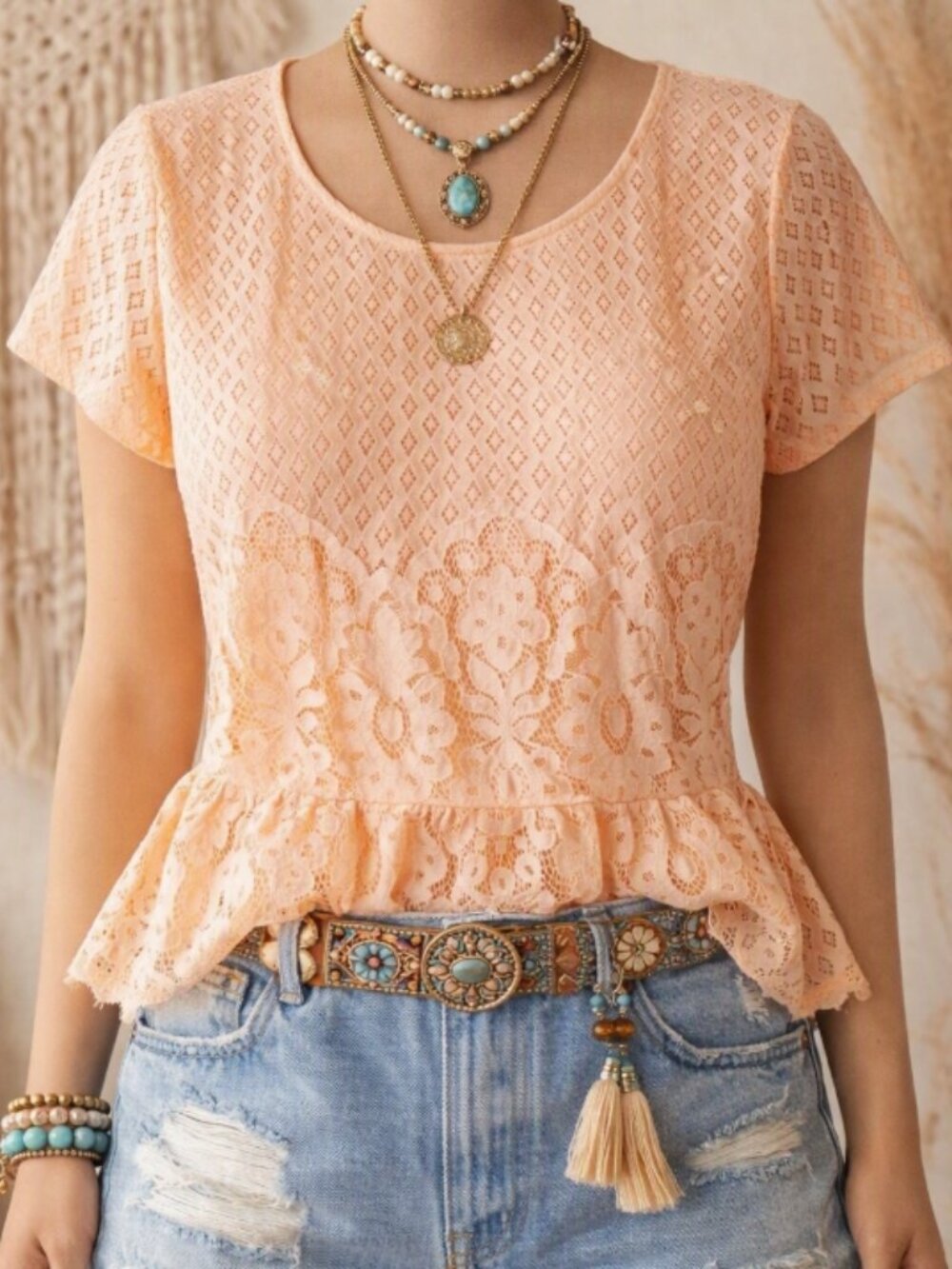 Maurices Peach Lined Lace Peplum Top Shirt Blouse XL Boho Chic Feminine Romantic